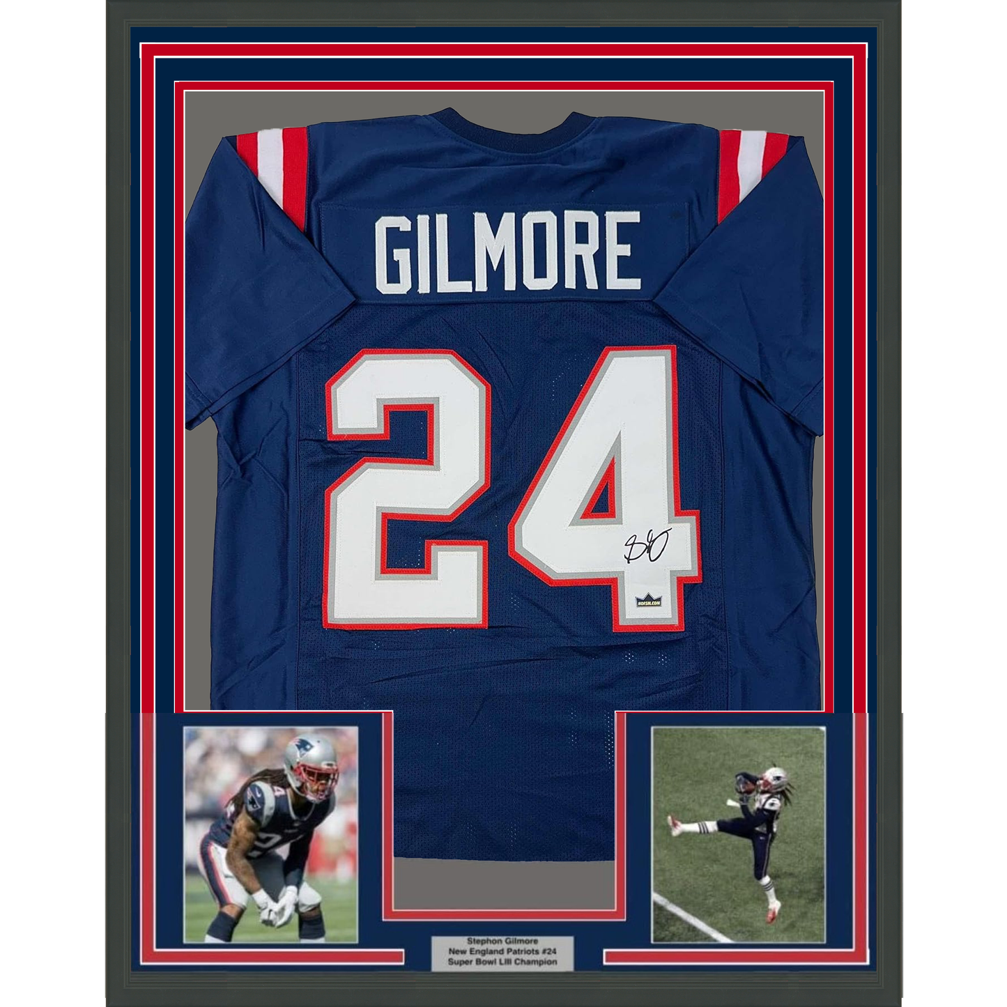Framed Facsimile Autographed Stephon Gilmore 35x39 New England Blue Reprint Laser Auto Football Jersey