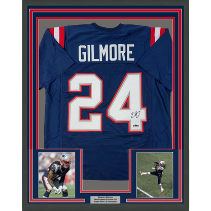 Framed Facsimile Autographed Stephon Gilmore 35x39 New England Blue Reprint Laser Auto Football Jersey