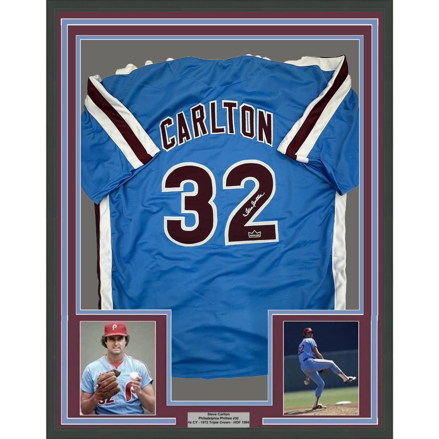 Framed Facsimile Autographed Steve Carlton 35x39 Philadelphia Blue Retro Reprint Laser Auto Baseball Jersey