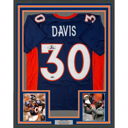 Framed Facsimile Autographed Terrell Davis 35x39 Denver Blue Reprint Laser Auto Football Jersey