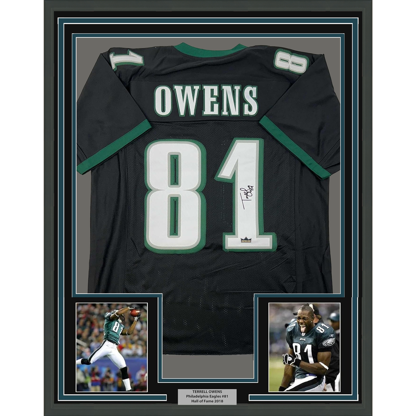 Framed Facsimile Autographed Terrell Owens 35x39 Philadelphia Black Reprint Laser Auto Football Jersey