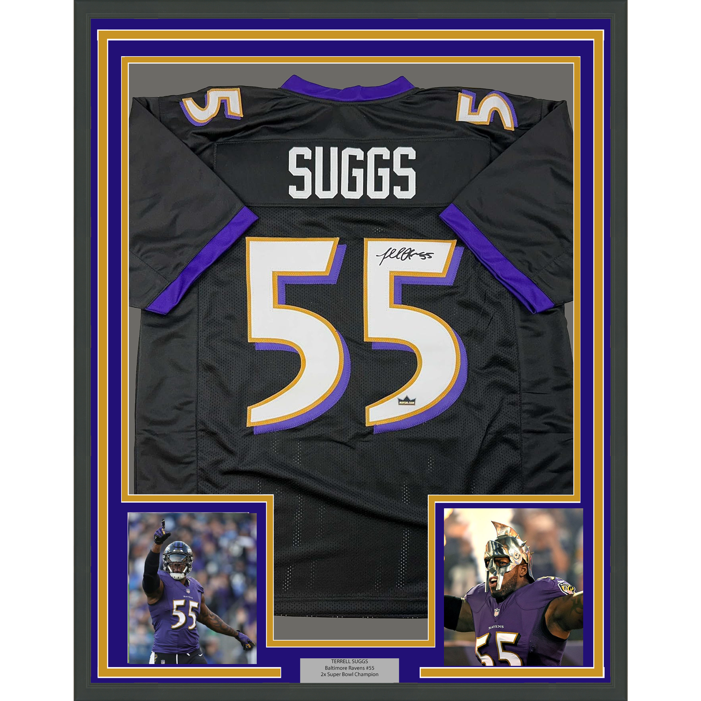 Framed Facsimile Autographed Terrell Suggs 35x39 Baltimore Black Reprint Laser Auto Football Jersey