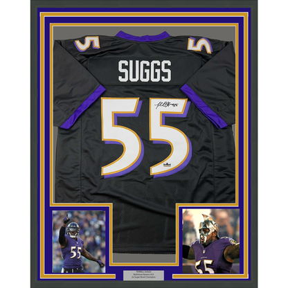 Framed Facsimile Autographed Terrell Suggs 35x39 Baltimore Black Reprint Laser Auto Football Jersey