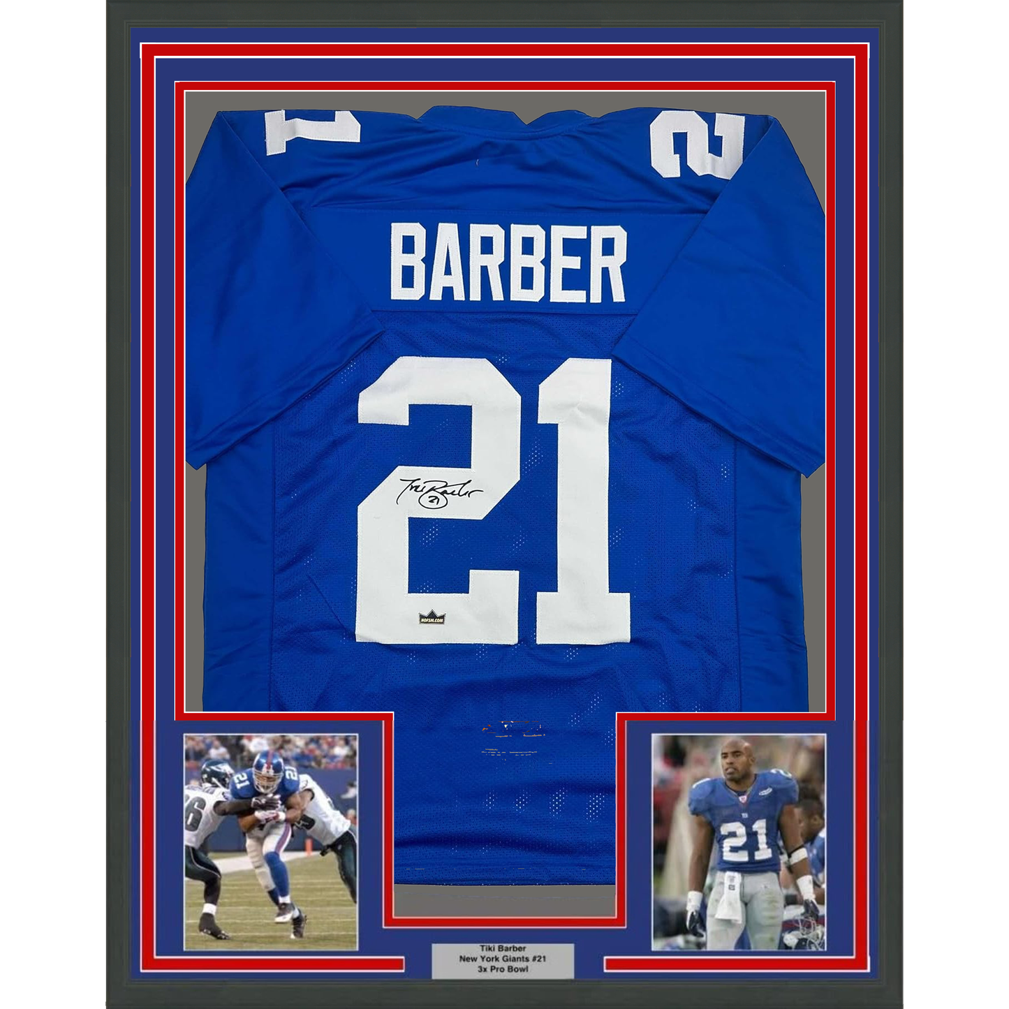 Framed Facsimile Autographed Tiki Barber 35x39 New York Blue Reprint Laser Auto Football Jersey
