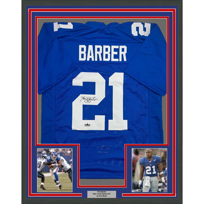 Framed Facsimile Autographed Tiki Barber 35x39 New York Blue Reprint Laser Auto Football Jersey