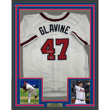 Framed Facsimile Autographed Tom Glavine 35x39 Atlanta White Reprint Laser Auto Baseball Jersey