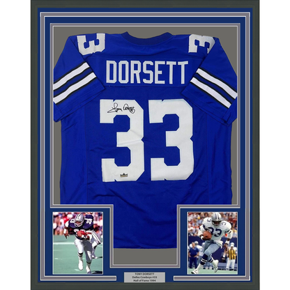 Framed Facsimile Autographed Tony Dorsett 35x39 Dallas Blue Reprint Laser Auto Football Jersey