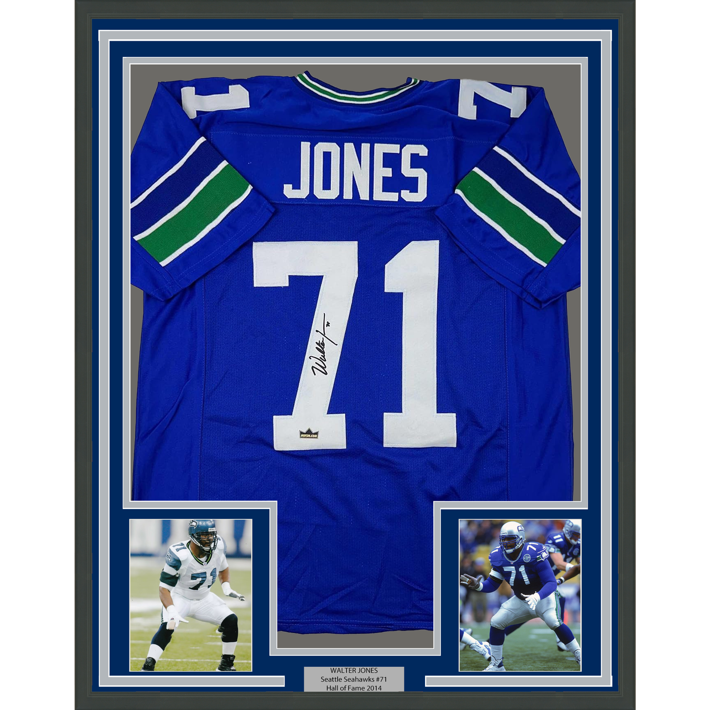 Framed Facsimile Autographed Walter Jones 35x39 Seattle Blue Reprint Laser Auto Football Jersey