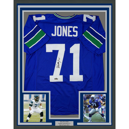 Framed Facsimile Autographed Walter Jones 35x39 Seattle Blue Reprint Laser Auto Football Jersey