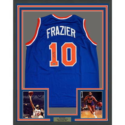 Framed Facsimile Autographed Walt Frazier 35x39 New York Blue Reprint Laser Auto Basketball Jersey