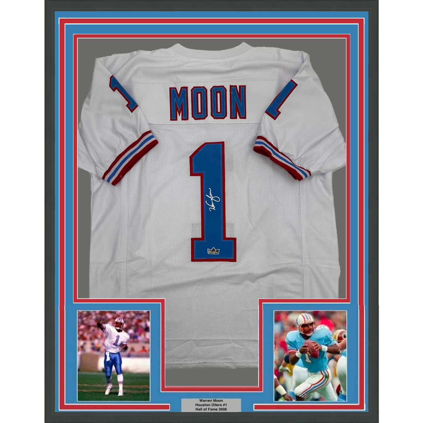 Framed Facsimile Autographed Warren Moon 35x39 Houston White Reprint Laser Auto Football Jersey