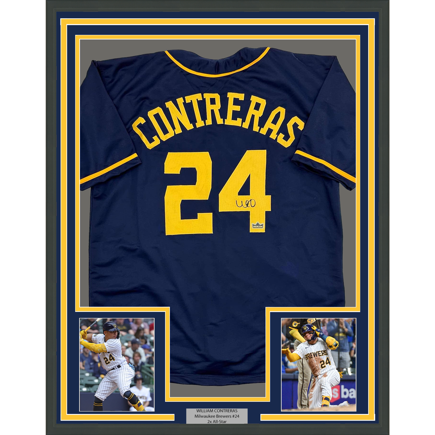 Framed Facsimile Autographed William Contreras 35x39 Milwaukee Blue Reprint Laser Auto Baseball Jersey