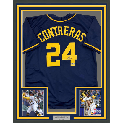 Framed Facsimile Autographed William Contreras 35x39 Milwaukee Blue Reprint Laser Auto Baseball Jersey