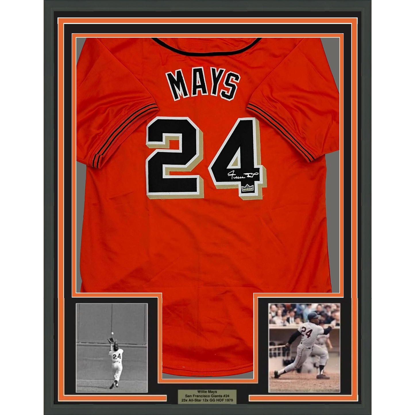 Framed Facsimile Autographed Willie Mays 35x39 San Francisco Orange Reprint Laser Auto Baseball Jersey