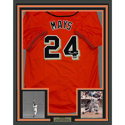 Framed Facsimile Autographed Willie Mays 35x39 San Francisco Orange Reprint Laser Auto Baseball Jersey