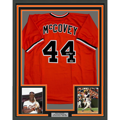 Framed Facsimile Autographed Willie McCovey 35x39 San Francisco Orange Reprint Laser Auto Baseball Jersey