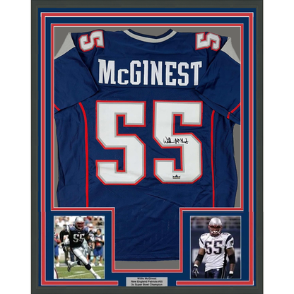 Framed Facsimile Autographed Willie McGinest 35x39 New England Blue Reprint Laser Auto Football Jersey
