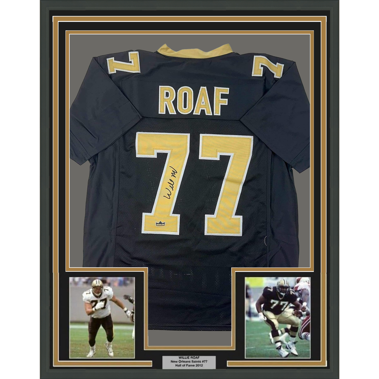 Framed Facsimile Autographed Willie Roaf 35x39 New Orleans Black Reprint Laser Auto Football Jersey