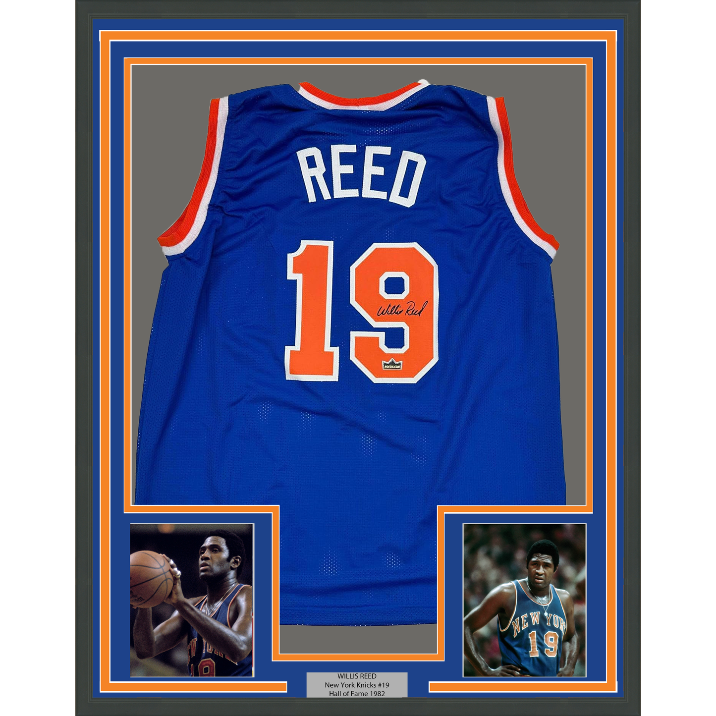 Framed Facsimile Autographed Willis Reed 35x39 New York Blue Reprint Laser Auto Basketball Jersey