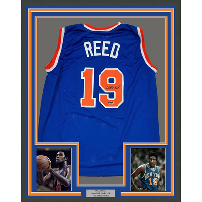 Framed Facsimile Autographed Willis Reed 35x39 New York Blue Reprint Laser Auto Basketball Jersey