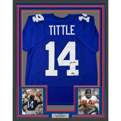 Framed Facsimile Autographed Y.A. YA Tittle 35x39 New York Blue Reprint Laser Auto Football Jersey