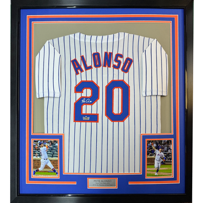 Framed Facsimile Autographed Pete Alonso 35x39 New York Pinstripe Reprint Laser Auto Baseball Jersey