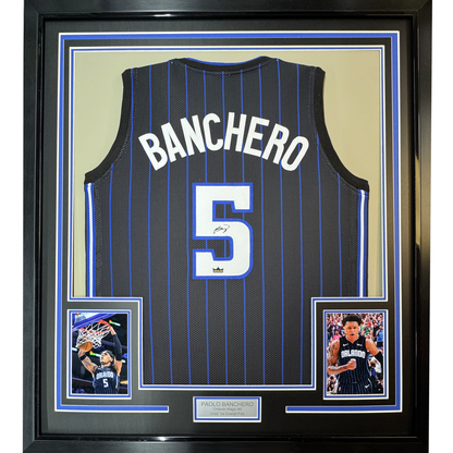 Framed Facsimile Autographed Paolo Banchero 35x39 Orlando Black Pinstripe Reprint Laser Auto Basketball Jersey