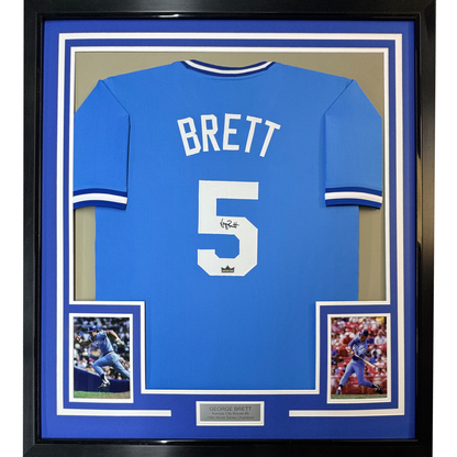 Framed Facsimile Autographed George Brett 35x39 Kansas City Blue Reprint Laser Auto Baseball Jersey