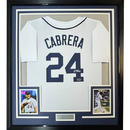 Framed Facsimile Autographed Miguel Cabrera 35x39 Detroit White Reprint Laser Auto Baseball Jersey
