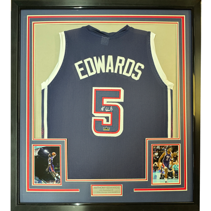 Framed Facsimile Autographed Anthony Edwards 35x39 2024 United States Team USA Blue Reprint Laser Auto Basketball Jersey