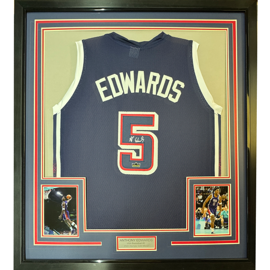 Framed Facsimile Autographed Anthony Edwards 35x39 2024 United States Team USA Blue Reprint Laser Auto Basketball Jersey
