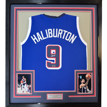Framed Facsimile Autographed Tyrese Haliburton 35x39 2024 United States Team USA Blue Reprint Laser Auto Basketball Jersey