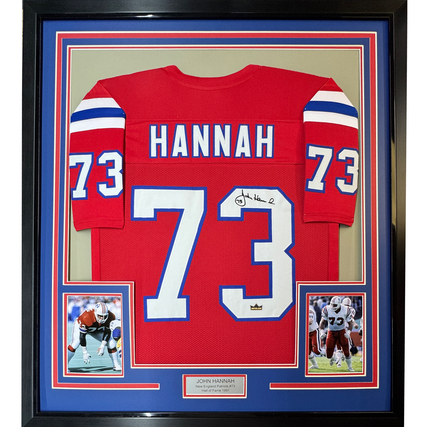 Framed Facsimile Autographed John Hannah 35x39 New England Red Reprint Laser Auto Football Jersey