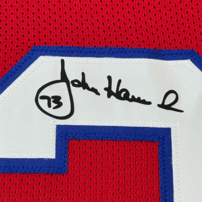 Framed Facsimile Autographed John Hannah 35x39 New England Red Reprint Laser Auto Football Jersey