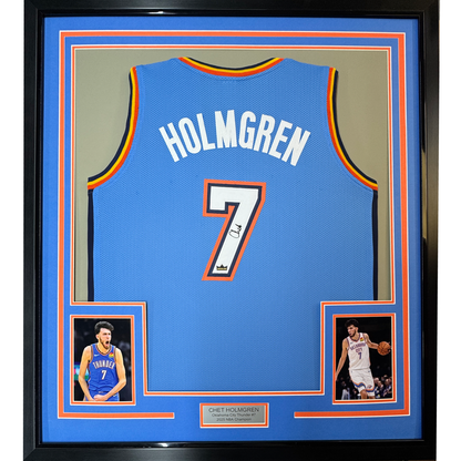 Framed Facsimile Autographed Chet Holmgren 35x39 Oklahoma City Blue Reprint Laser Auto Basketball Jersey