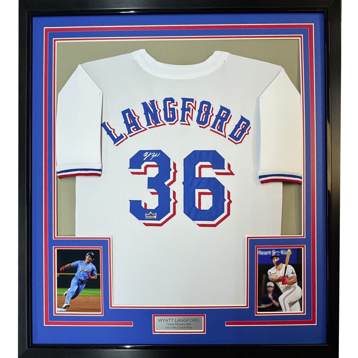 Framed Facsimile Autographed Wyatt Langford 35x39 Texas White Reprint Laser Auto Baseball Jersey