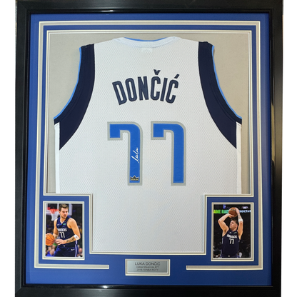 Framed Facsimile Autographed Luka Doncic 35x39 Dallas White Reprint Laser Auto Basketball Jersey
