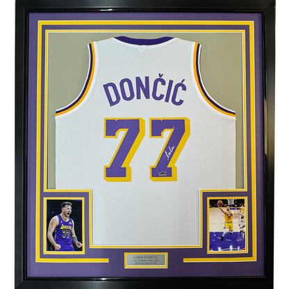 Framed Facsimile Autographed Luka Doncic 35x39 Los Angeles LA White Reprint Laser Auto Basketball Jersey
