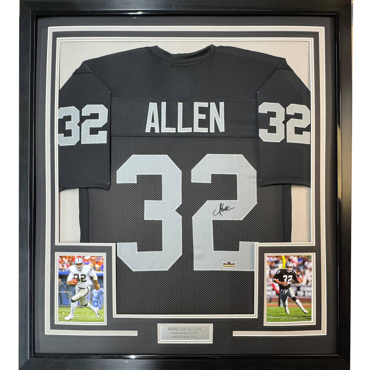 Framed Facsimile Autographed Marcus Allen 35x39 Oakland Las Vegas Black Reprint Laser Auto Football Jersey