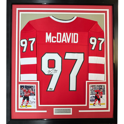 Framed Facsimile Autographed Connor McDavid 35x39 Canada Red 2025 4 Nations Face-Off Reprint Laser Auto Hockey Jersey