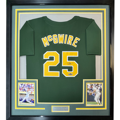 Framed Facsimile Autographed Mark McGwire 35x39 Oakland Green Reprint Laser Auto Baseball Jersey
