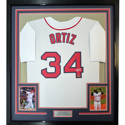 Framed Facsimile Autographed David Ortiz 35x39 Boston White Reprint Laser Auto Baseball Jersey