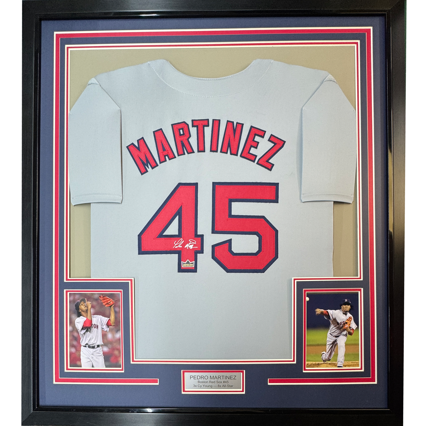 Framed Facsimile Autographed Pedro Martinez 35x39 Boston Grey Reprint Laser Auto Baseball Jersey