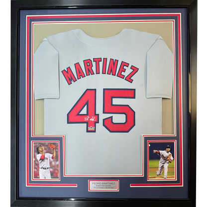 Framed Facsimile Autographed Pedro Martinez 35x39 Boston Grey Reprint Laser Auto Baseball Jersey