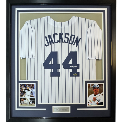 Framed Facsimile Autographed Reggie Jackson 35x39 New York Pinstripe Reprint Laser Auto Baseball Jersey