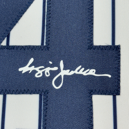 Framed Facsimile Autographed Reggie Jackson 35x39 New York Pinstripe Reprint Laser Auto Baseball Jersey