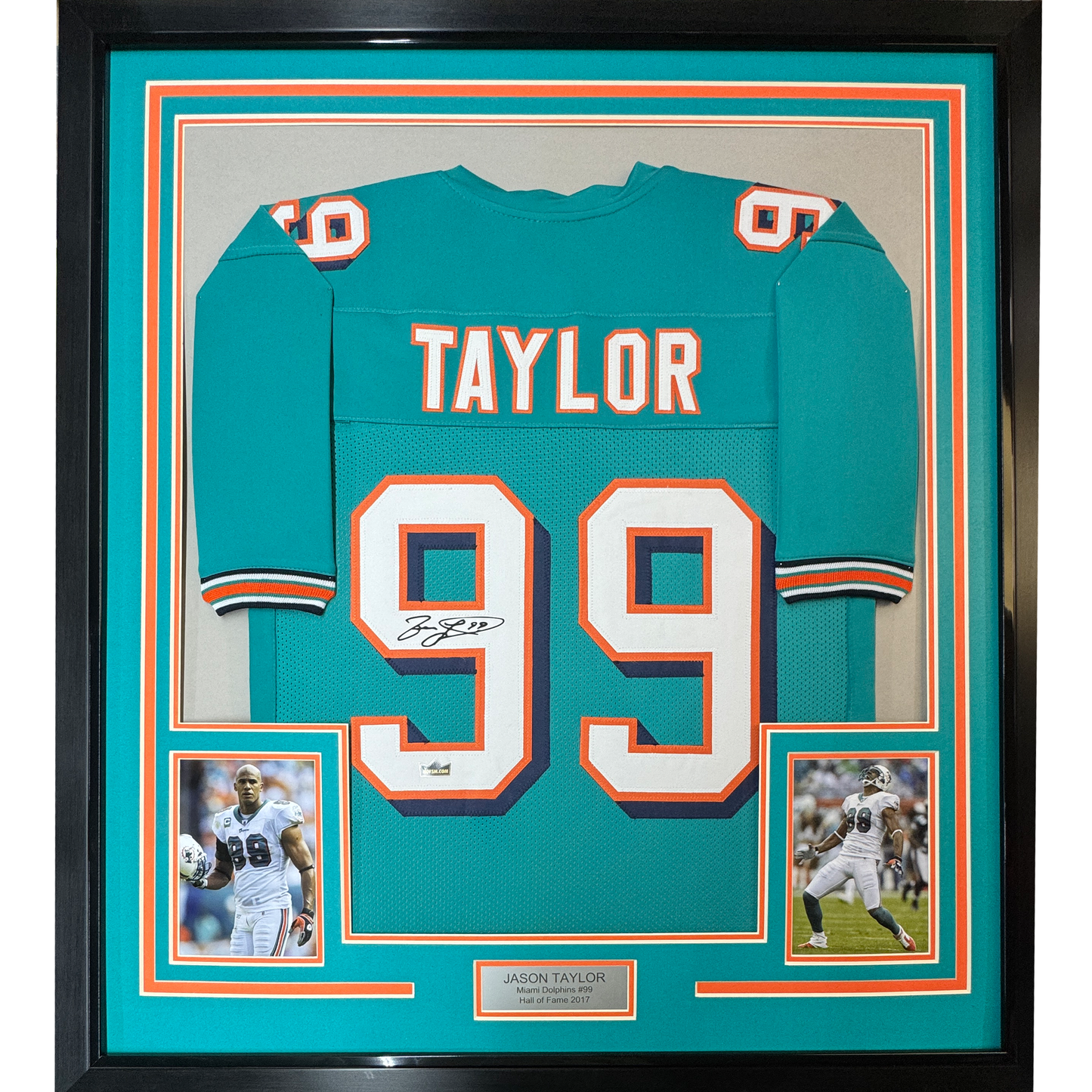 Framed Facsimile Autographed Jason Taylor 35x39 Miami Teal Reprint Laser Auto Football Jersey