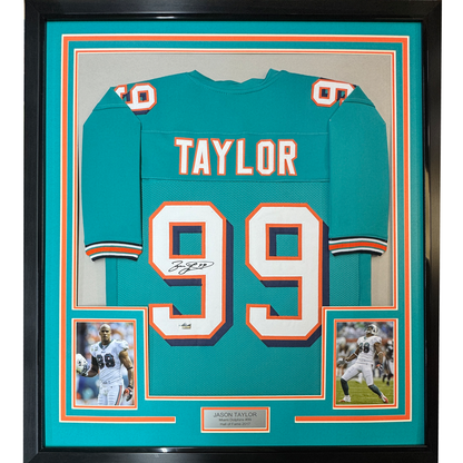 Framed Facsimile Autographed Jason Taylor 35x39 Miami Teal Reprint Laser Auto Football Jersey