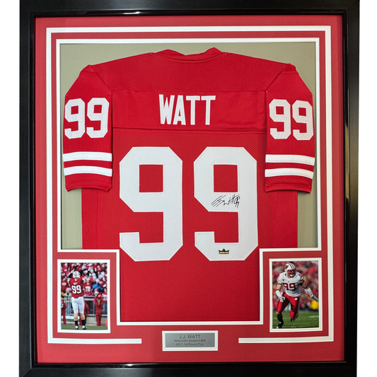 Framed Facsimile Autographed J.J. JJ Watt 35x39 Wisconsin Red Reprint Laser Auto College Football Jersey