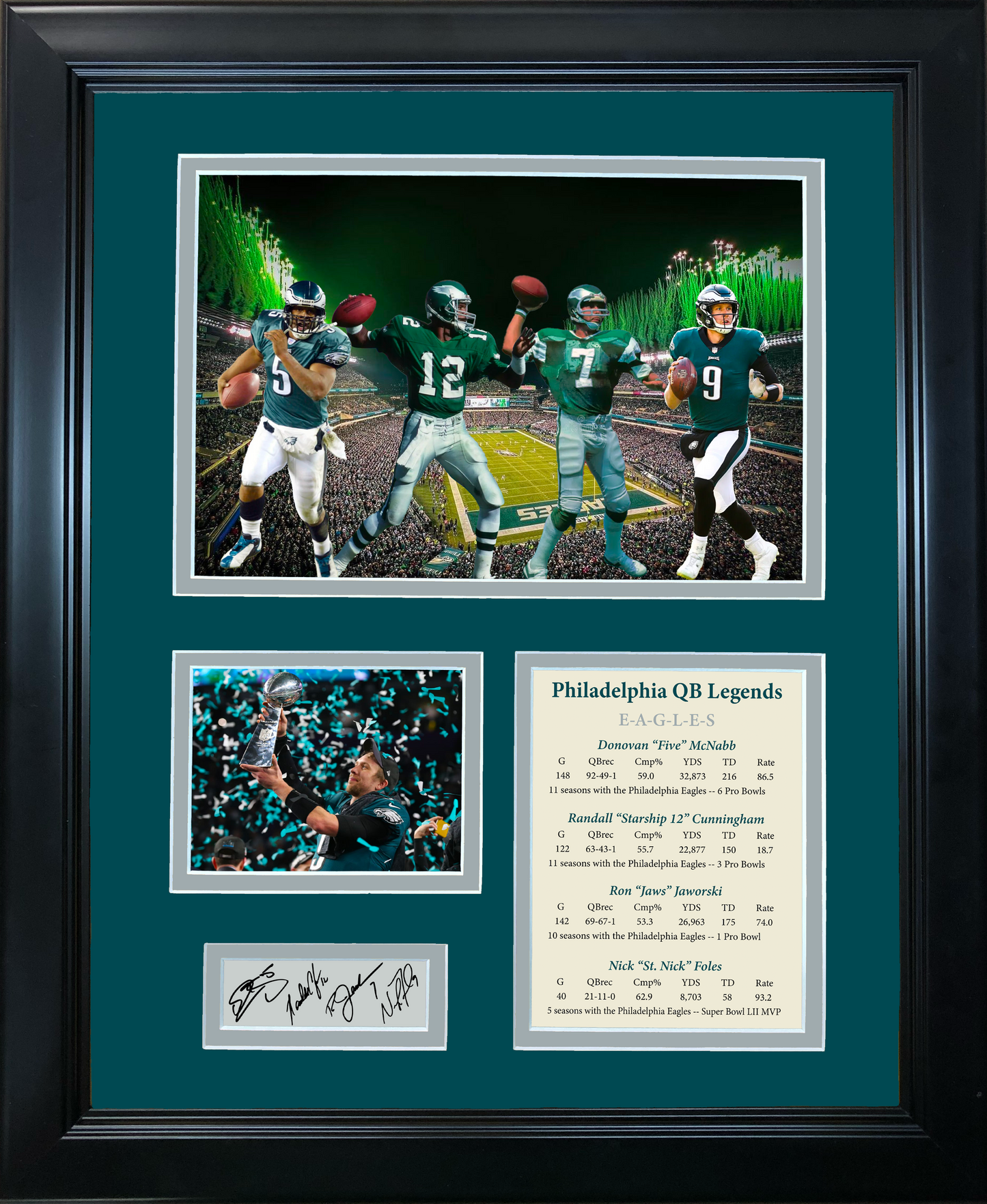 Framed Philadelphia Eagles QB Legends McNabb, Cunningham, Jaworski & Foles Facsimile Laser Engraved Signature Auto 11"x14" Football Photo Sig Collage